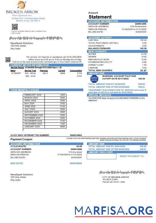 Blank USA Oklahoma City of Broken Arrow business utility bill template in Word and PDF formats